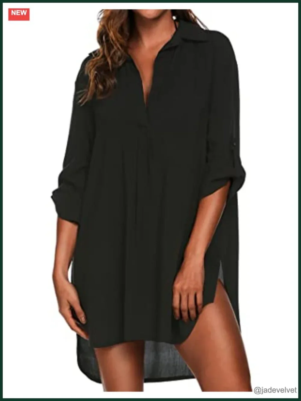 Deep V-Neck Swim Cover Up with Side Slit and Roll-Up Sleeves